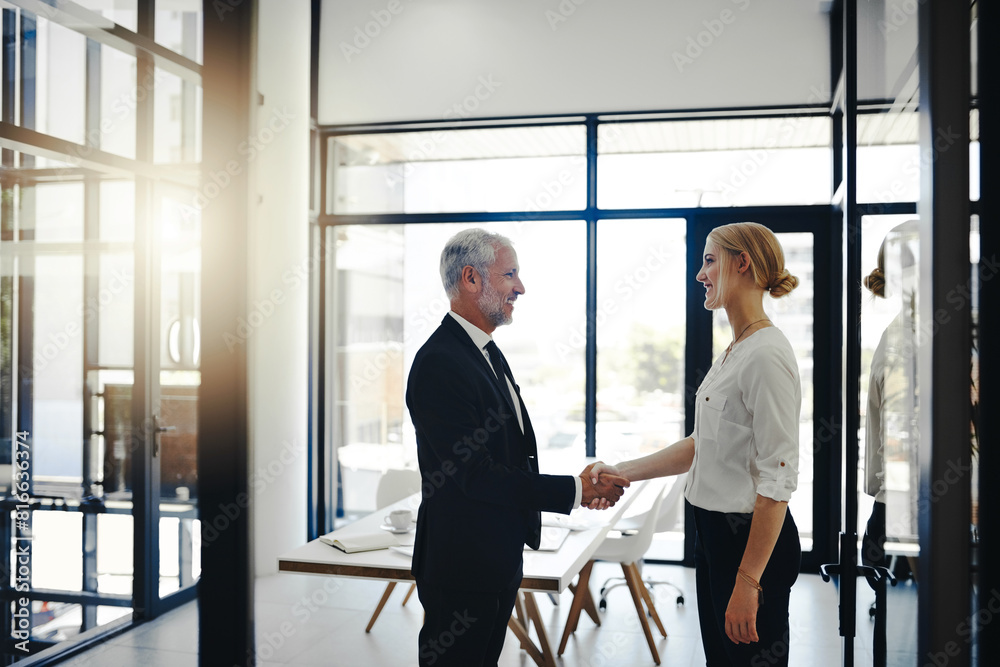 Business people, smile and partnership with handshake in office for agreement, collaboration and success. Corporate, director and hand with gesture in deal for b2b merger, opportunity and acquisition Business people, smile and partnership with handshake in office for agreement, collaboration and success. Corporate, director and hand with gesture in deal for b2b merger, opportunity and acquisition