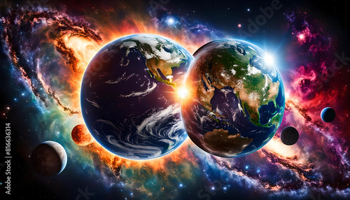 zwei Planeten Erde die auseinander erwachsen  zweiter Erdball  Planet 2  globale Krise vor bunt leuchtendem Universum  Umweltschutz und Zerst  rung  neben Neugeburt Symbol der Hoffnung
