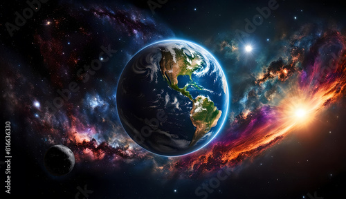Erdball Planet Erde blau mit Mond vor einem bunt leuchtenden Universum All Weltall voller ferner Sterne, Galaxien beleuchtet von der Sonne, Hintergrund und Vorlage Astronomie und Wissenschaft globale photo