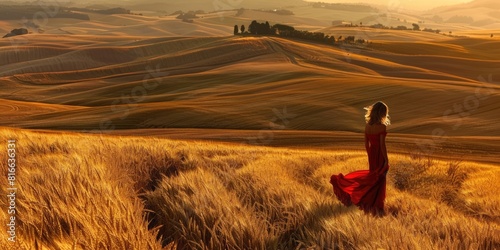 woman in red dress walking through wheets field photo