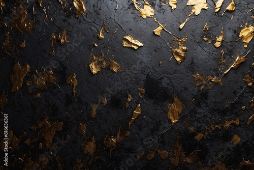 Luxurious texture of black surface with gold leaf detail and sophisticated look