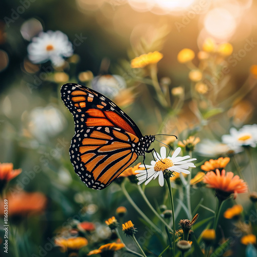 A butterfly is sitting on a flower in a field of flowers © BetterPhoto
