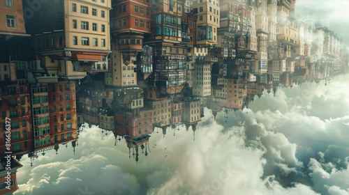 Surreal image of a cityscape with inverted gravity, buildings hanging downwards, fantastical and curious photo