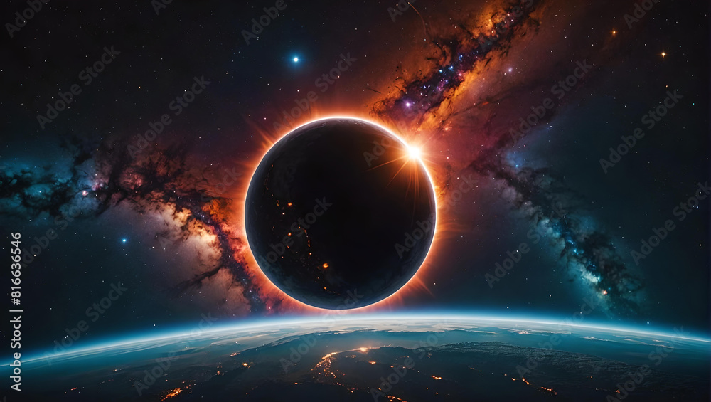 Obraz premium Eklipse gelb orange wie Feuer strahlend hinter ein fernen Sonne, wie eine Explosion im Weltall ferner Galaxien bunt leuchtend mit Planeten und Monden als Hintergrund Vorlage dynamischer Entwicklung