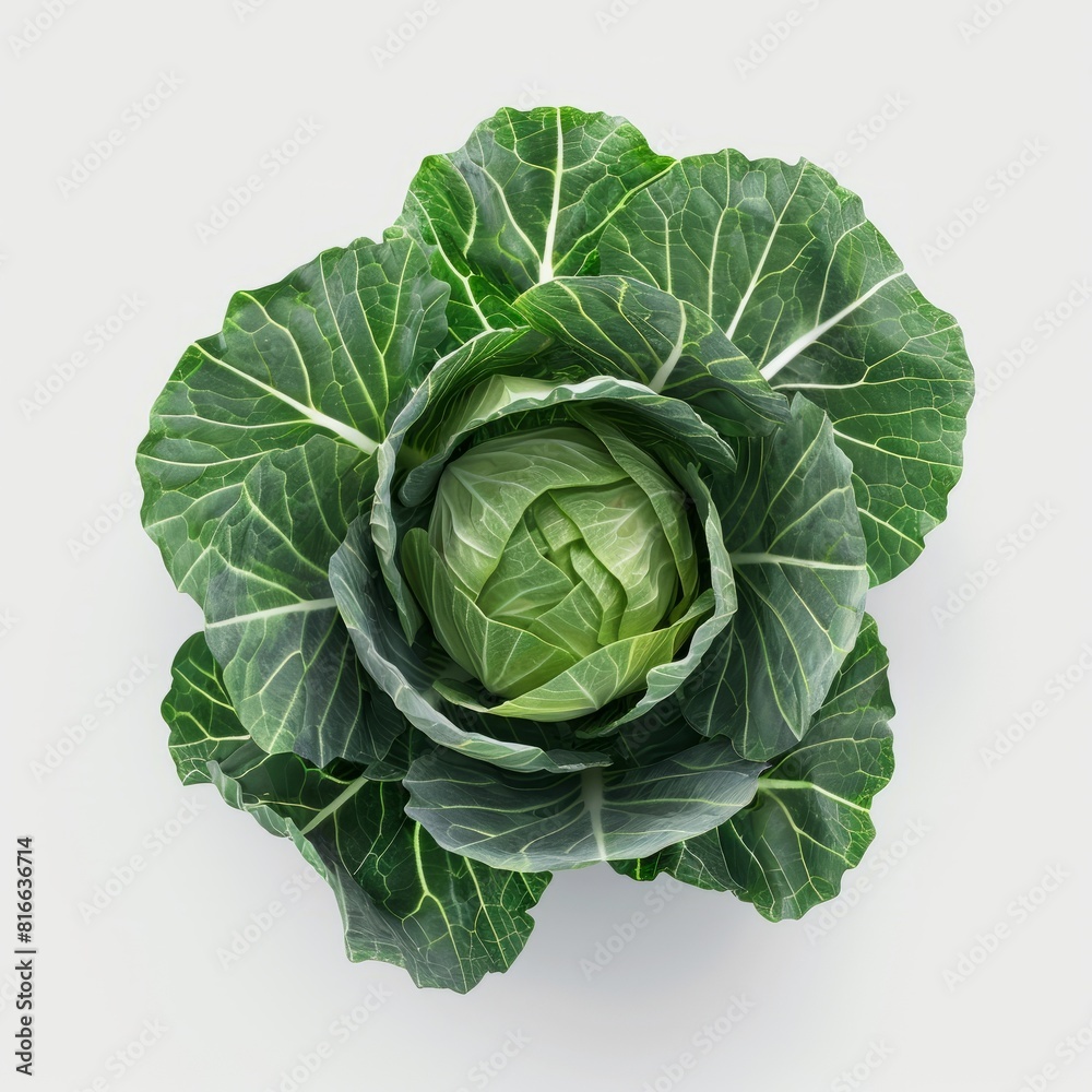 Fototapeta premium A single cabbage placed against a white background, showcasing its vibrant green leaves and unique texture