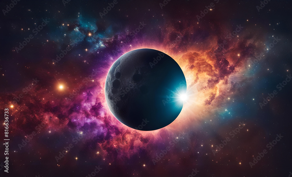 Eklipse der Sonne um Mond mit leuchtenden Strukturen im dunklen Universum Weltall All voller bunter Galaxien, Sterne, Planeten als fantasievolle Vorlage Hintergrund, Solar Ereignisse, Mondfinsternis Eklipse der Sonne um Mond mit leuchtenden Strukturen im dunklen Universum Weltall All voller bunter Galaxien, Sterne, Planeten als fantasievolle Vorlage Hintergrund, Solar Ereignisse, Mondfinsternis
