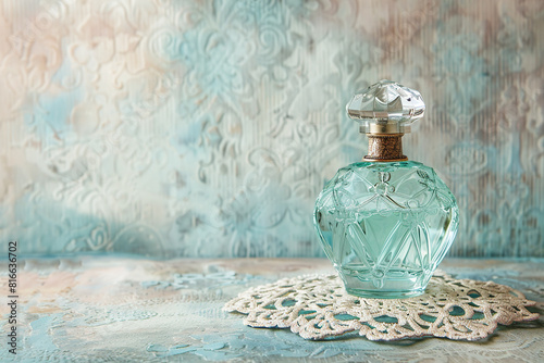 Aqua-colored vintage perfume bottle on lace doily with ornate background
