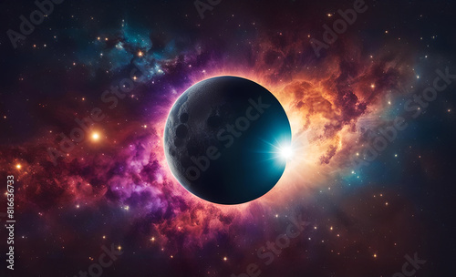 Eklipse der Sonne um Mond mit leuchtenden Strukturen im dunklen Universum Weltall All voller bunter Galaxien, Sterne, Planeten als fantasievolle Vorlage Hintergrund, Solar Ereignisse, Mondfinsternis