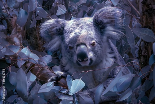 Whimsical Koala Gazes from Lush Eucalyptus Forest in Dreamy,Pastel-Hued Digital Painting photo