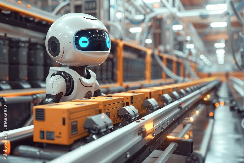 Production of batteries and generators on a production line conveyor in a factory and AI robot, selective focus. Production of batteries and generators on a production line conveyor in a factory and AI robot, selective focus.