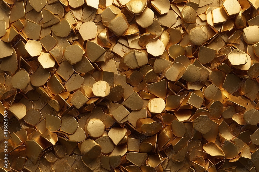 A pile of reflective gold geometric shapes creating a three-dimensional abstract pattern A pile of reflective gold geometric shapes creating a three-dimensional abstract pattern