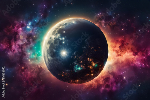 Eklipse der Sonne um Mond mit leuchtenden Strukturen im dunklen Universum Weltall All voller bunter Galaxien  Sterne  Planeten als fantasievolle Vorlage Hintergrund  Solar Ereignisse  Mondfinsternis