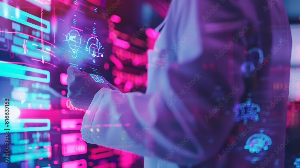 Obraz premium Closeup half body of a clinical researcher with Glow HUD big icon of clinical trials