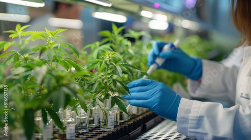 Close-up of lab technicians conducting tests on cannabis plant samples