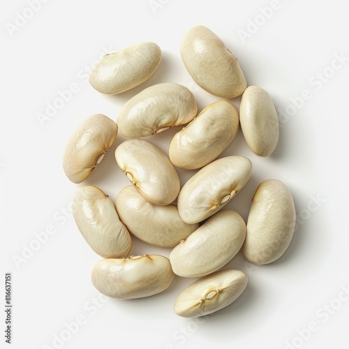 A cluster of plump cannellini beans displayed against a pure white background, showcasing their smooth texture