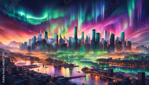 Polarlichter Nordlichter Borealis leuchtend über einer modernen Stadt am Himmel der Nacht, fantasievoll leuchtender Sonnensturm aus Neutrinos in der Atmosphäre der Erde, Phänomene des Sommer photo