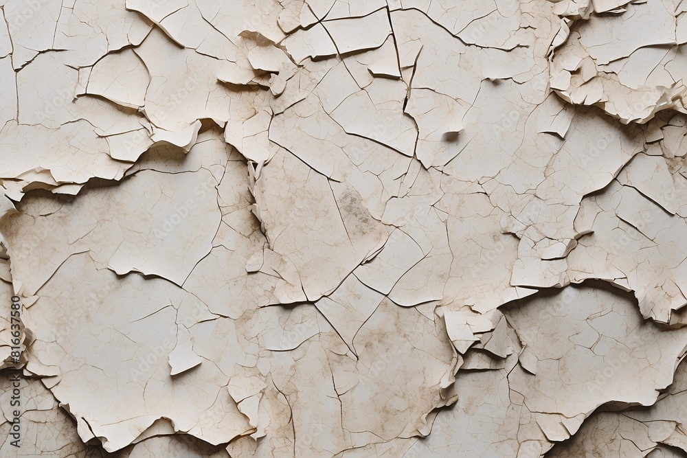 Detailed close-up of cracking and peeling off-white paint, creating a distressed surface texture Detailed close-up of cracking and peeling off-white paint, creating a distressed surface texture