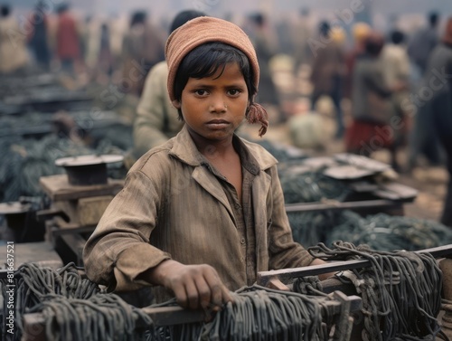 Portrait of a young boy working in a factory. photo