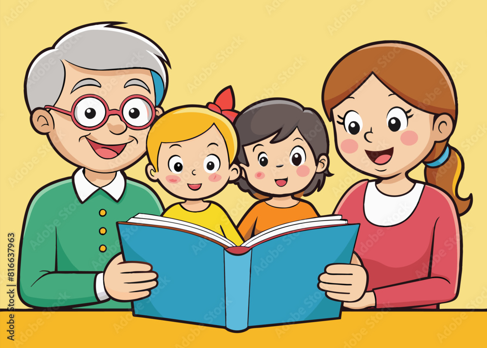 Family Reading a Book Together.Grandparent Father, mother and their child Family Reading a Book Together.Grandparent Father, mother and their child
