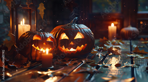 Halloween pumpkins with candles and leaves on table