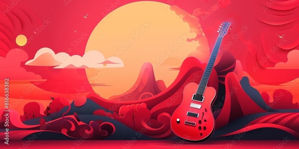 Red electric guitar laying on the ground against the backdrop of a red and pink sky and mountains