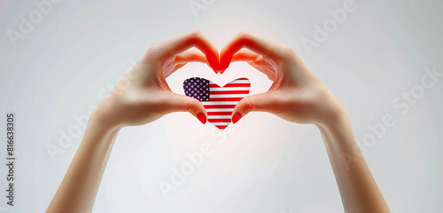 Female hands in a minimalist white setting creating a heart around the US flag. photo