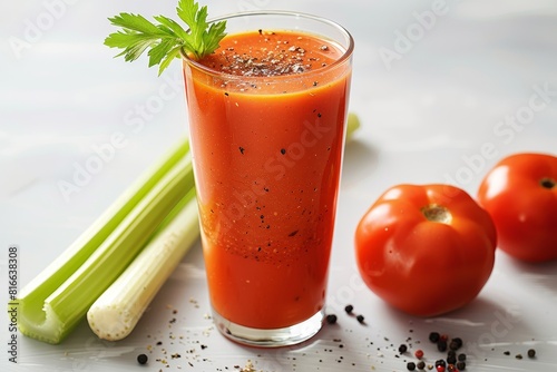 Tomato juice  celery stalk  black pepper sprinkle in tall glass isolated on white background