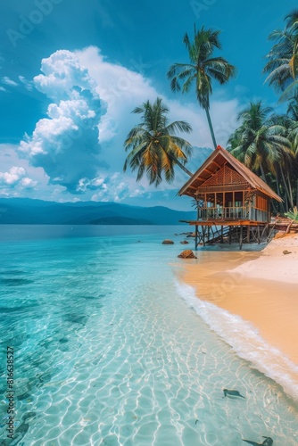 A sandy beach lined with tall palm trees and a thatched hut under a clear blue sky