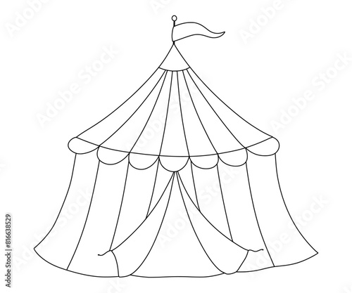 Line circus tent with flag. Hand drawn isolated baby illustration for coloring book.