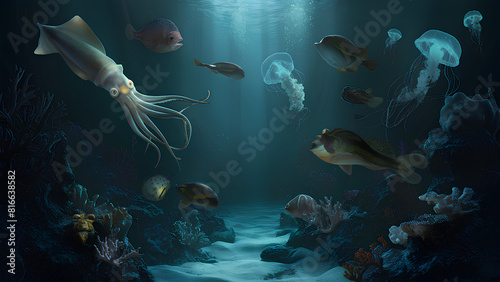 Enchanting deep-sea realm with giant squid, luminous jellyfish, and eerie anglerfish. photo