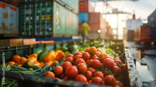 Close-up of organic vegetables being loaded onto an export container ship