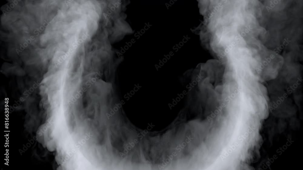 Animation of rising smoke colliding a circle sphere shape on black background.