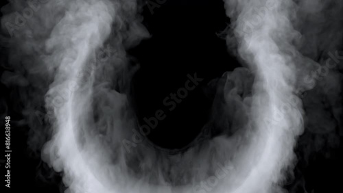 Animation of rising smoke colliding a circle sphere shape on black background.