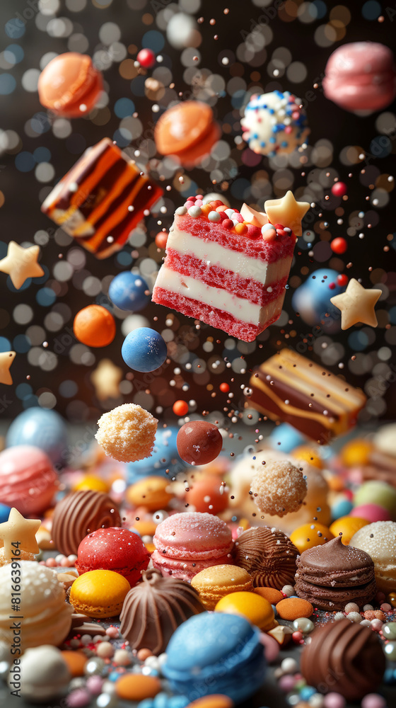 Colorful candies and desserts floating in the air with bokeh background. Colorful candies and desserts floating in the air with bokeh background.