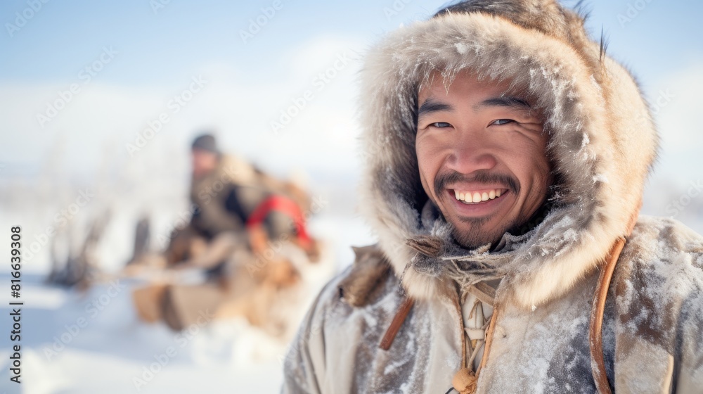 A man wearing a warm Eskimo fur jacket and hood close-up against the backdrop of a winter landscape
A man wearing a warm Eskimo fur jacket and hood close-up against the backdrop of a winter landscape