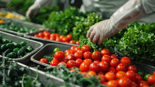 Close-up of organic vegetables being prepared for export in a farm facility