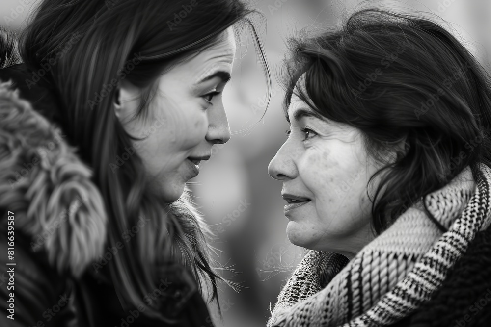 A black and white picture showing two women standing face to face, gazing into each others eyes A black and white picture showing two women standing face to face, gazing into each others eyes