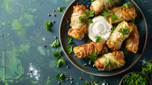 Plate with stuffed cabbage leaves and sour cream on co