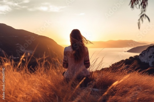 young woman enjoy the sunset on a background of mountains