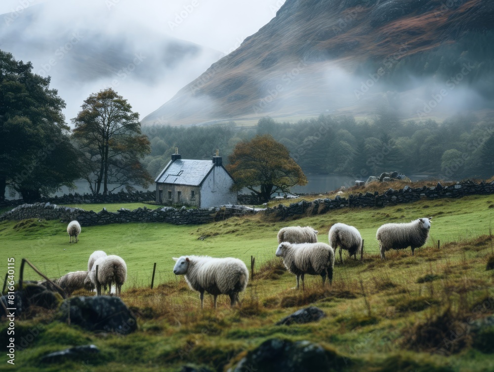 Fototapeta premium sheep in the green field on the background of mountains