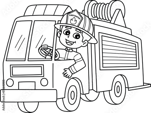 Firefighter Driving a Fire Truck Isolated Coloring