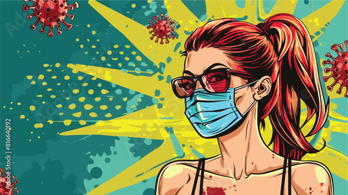 Pop art woman with mask against 2019 ncov virus over