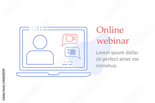 Online webinar, meeting. Online course, distant education, video lecture, internet group conference, training test, work from home, easy communication. Stock Vector graphics