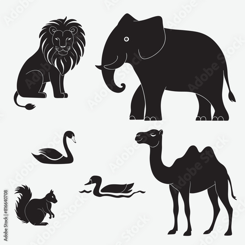 Wild animals black silhouettes set with lion elephant swan squirrel and camel vector isolated illustration photo