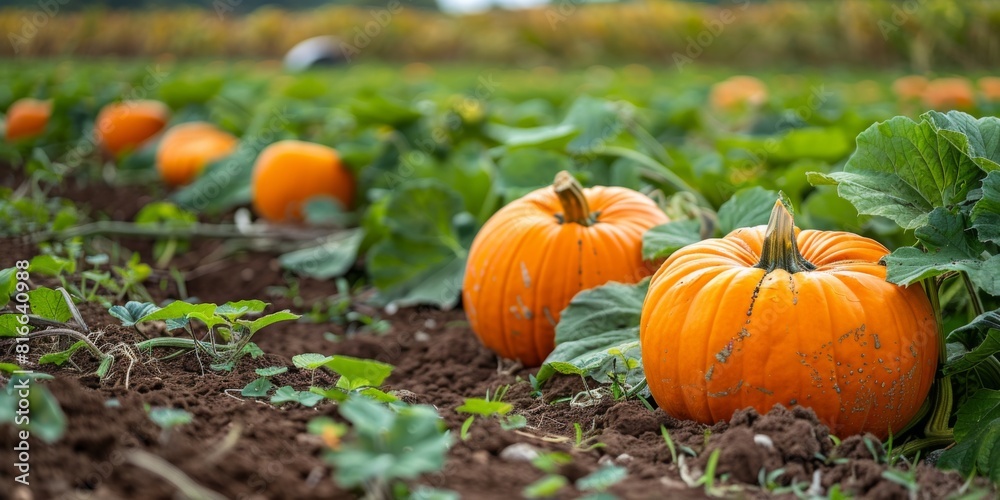 Organic pumpkins growing in a field, with a farmhouse visible in the distance.