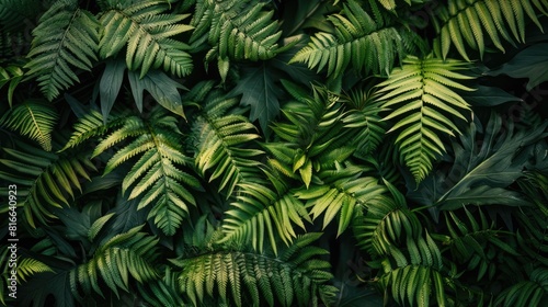 Natural background of young fern leaves on a dark background. A garden or a park.
