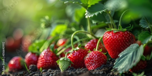 Organic strawberries ripening on the plant, with a close-up on the vibrant red fruits. photo