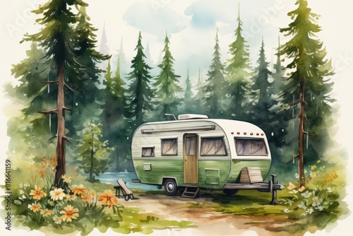 Retro Travel Trailer watercolor clipart. Summer Holiday illustration
