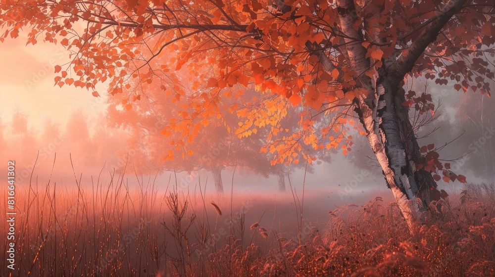 Foggy autumn landscape at dawn