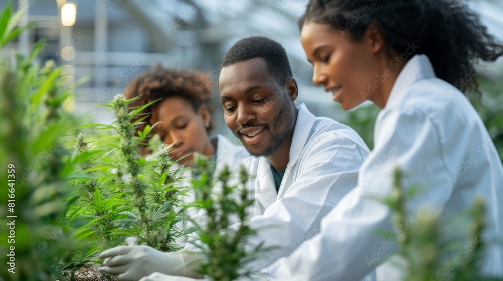 Researchers in lab coats conducting research on cannabis plant genetics